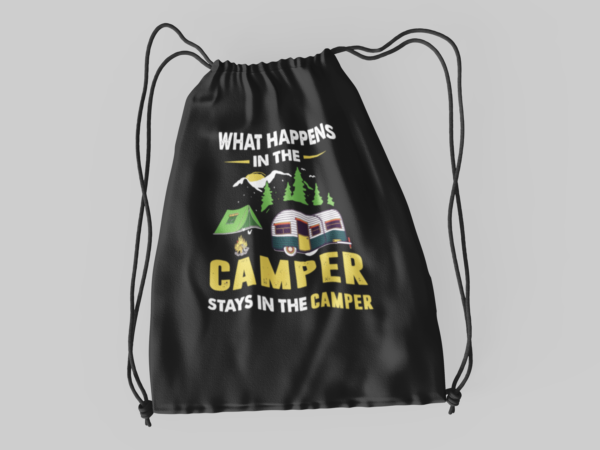 What happens stays in camper ; 100% Cotton sheeting Dyed-to match draw cord closure