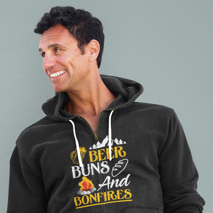 Beer, Buns, bonfires , ; Full-zip hoodie sweatshirt