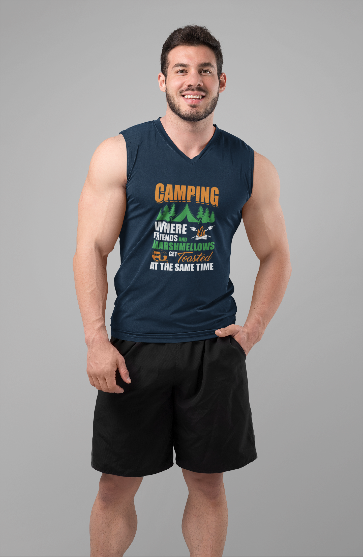 Camping. Get toasted; 100% cotton Seamless double-needle ⅞” neck Double -needle armholes and hem