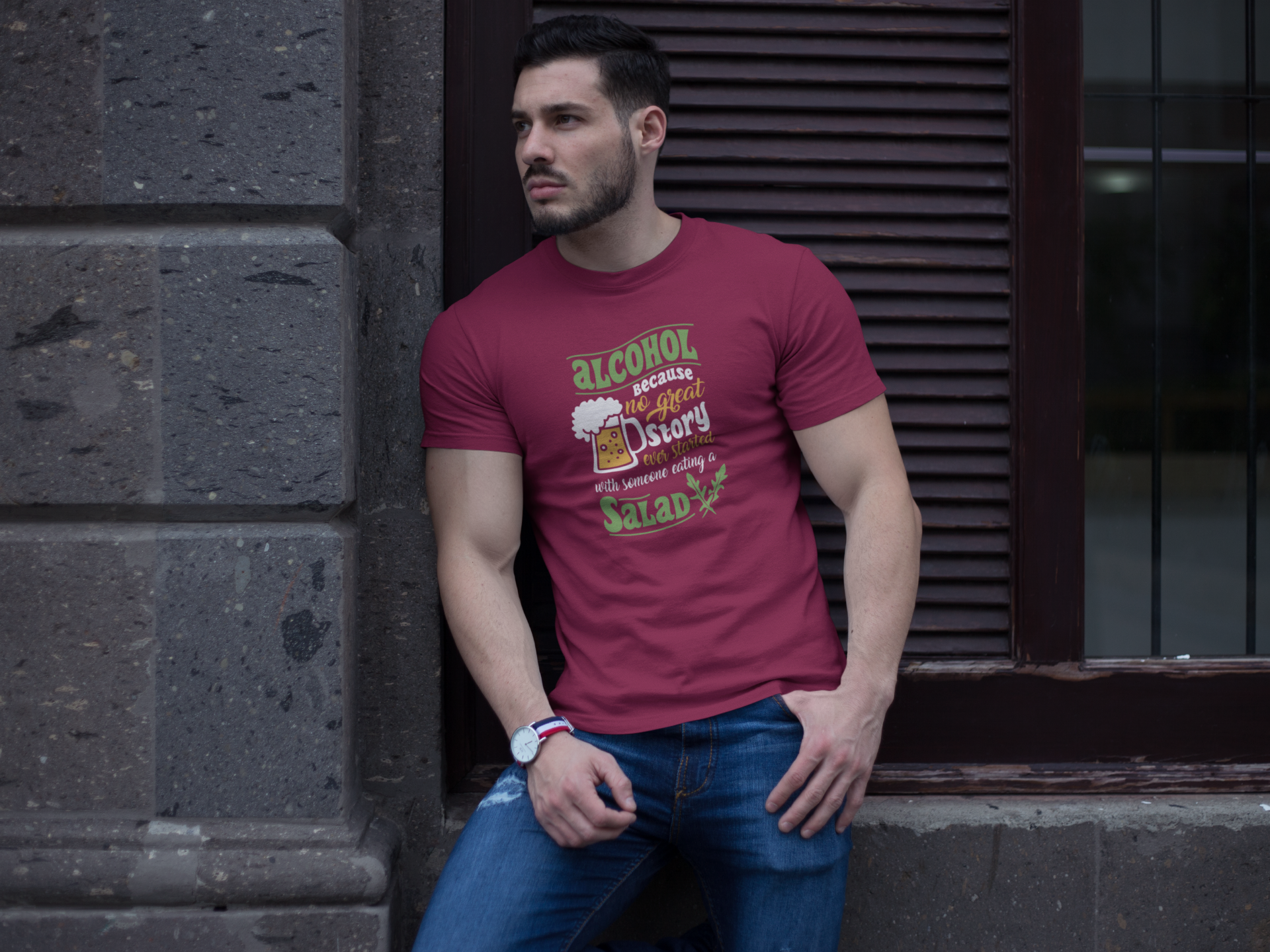 Alcohol. No story ever started;  100% cotton Tee Removable tag for comfort