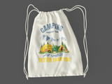 Camping air smells better; 100% Cotton sheeting Dyed-to match drawcord closure