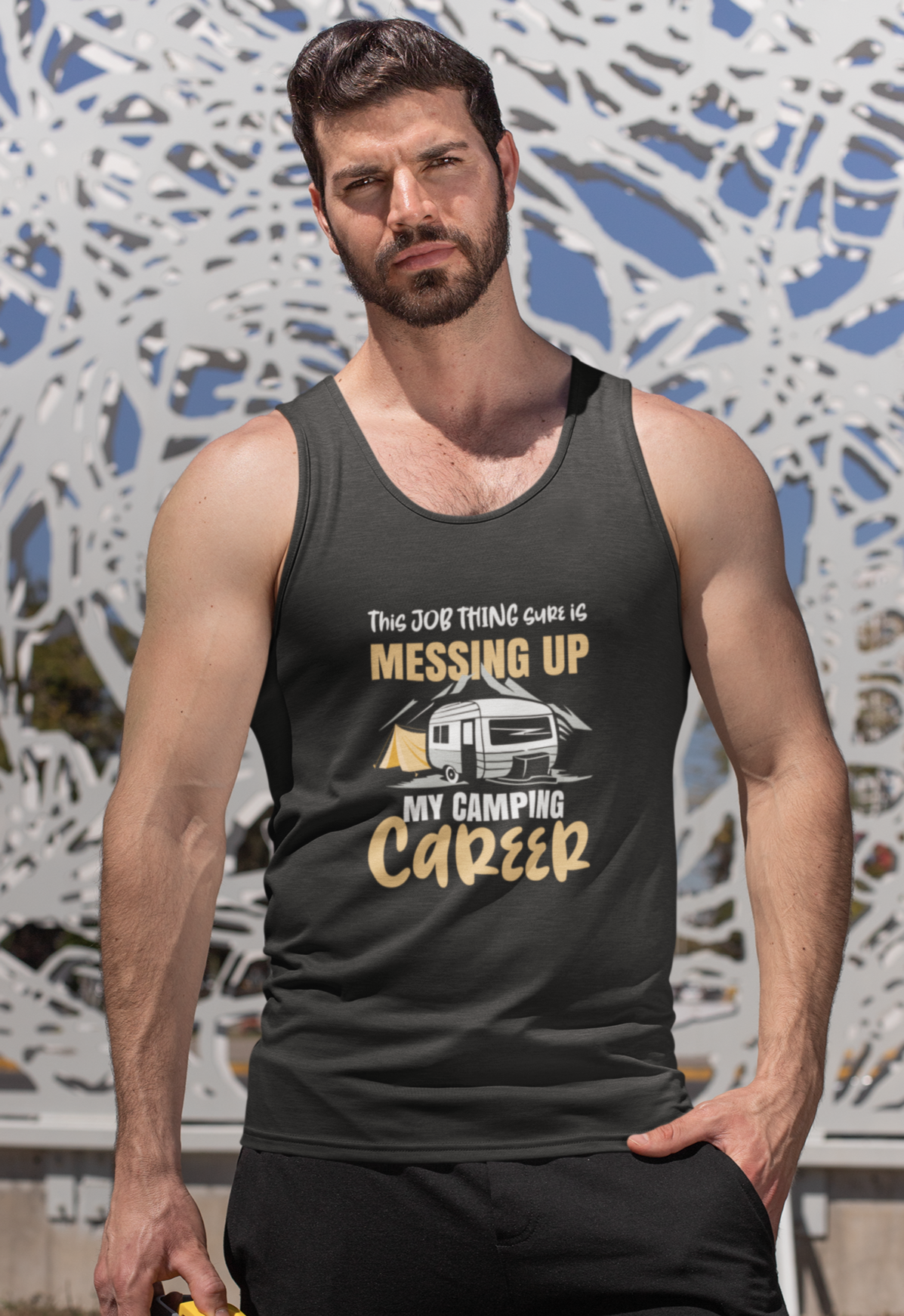 Job messes up camping; Soft 100% cotton tank top. Removable tag for comfort