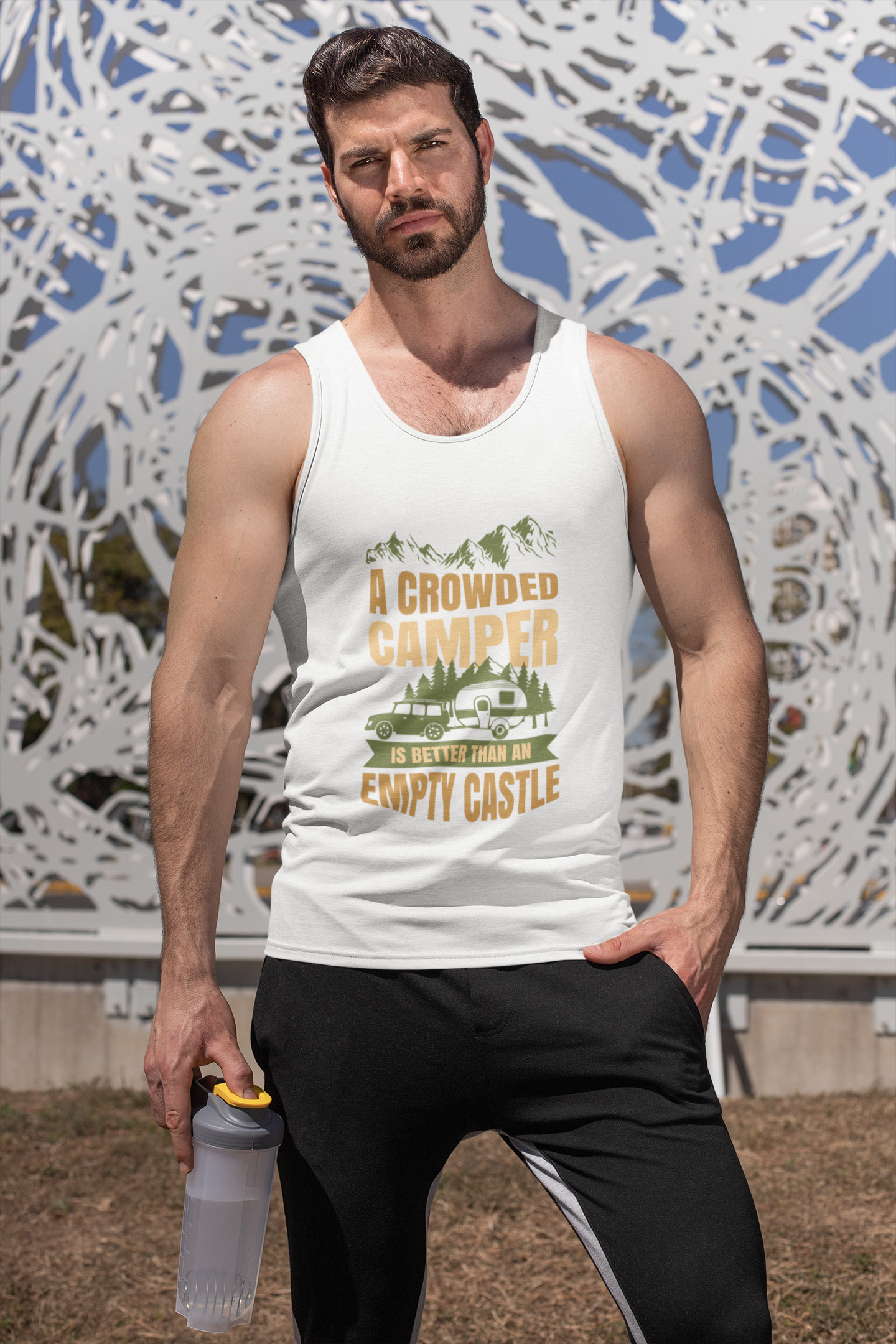 Crowded Camper and empty castle; 100% cotton tank top. Removable tag for comfort