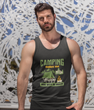 Camping makes me happy; 100% cotton tank top. Removable tag for comfort