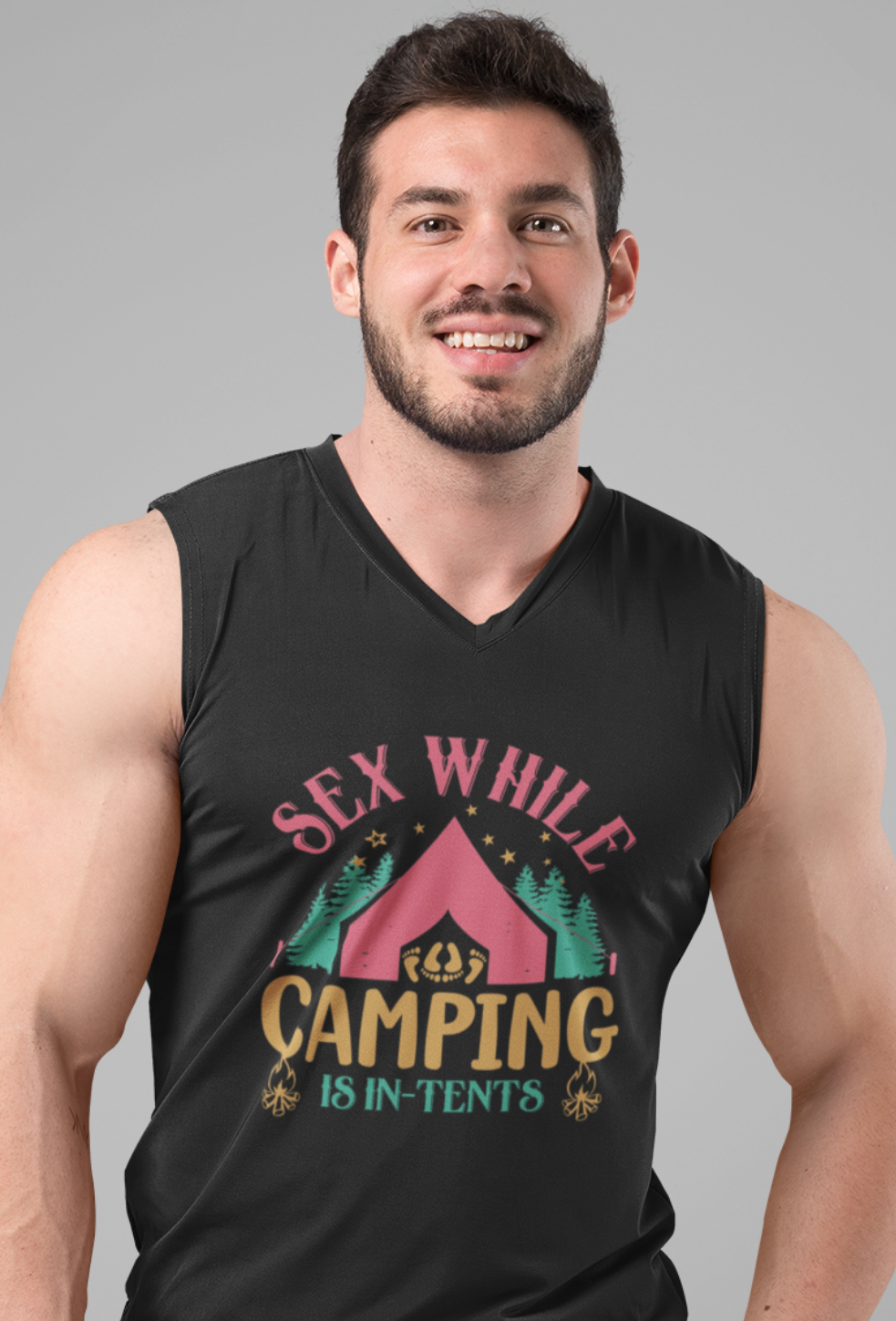 Sex while camping 100% cotton Seamless double-needle ⅞” neck Double -needle armholes and hem