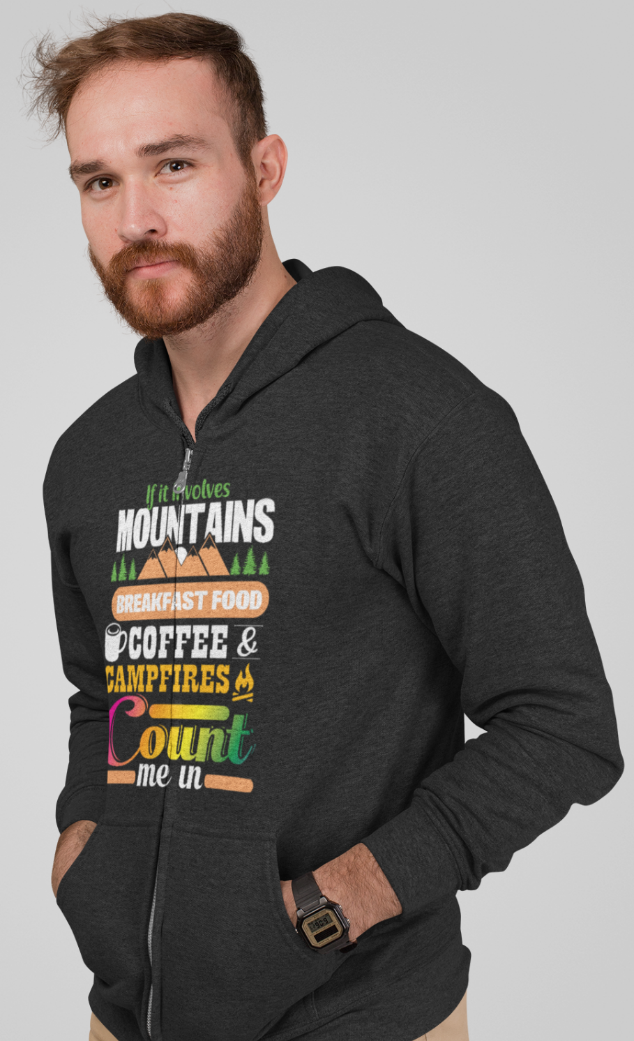 Mountain, breakfast food, campfires Full-zip hoodie sweatshirt