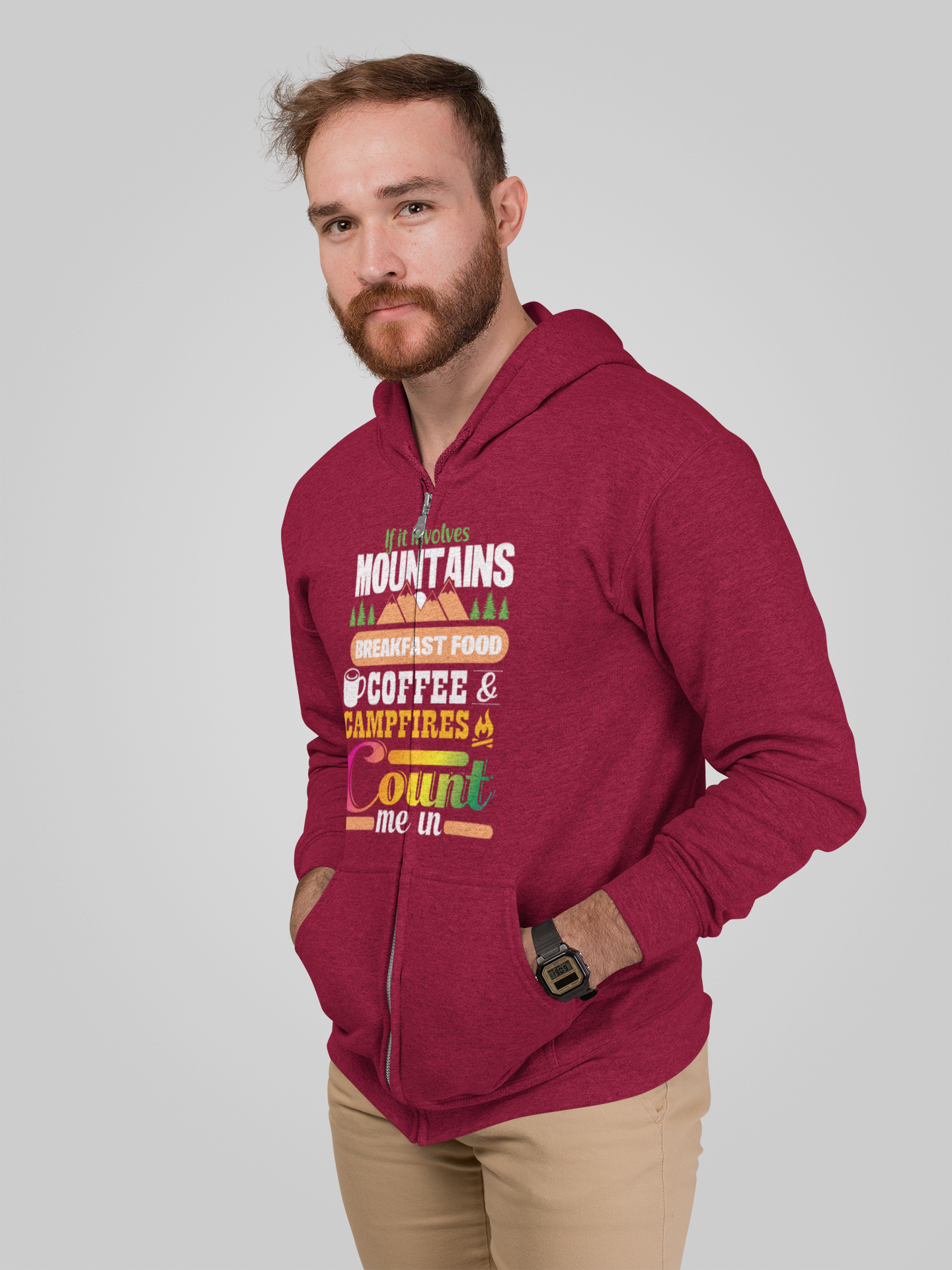 Mountain, breakfast food, campfires Full-zip hoodie sweatshirt
