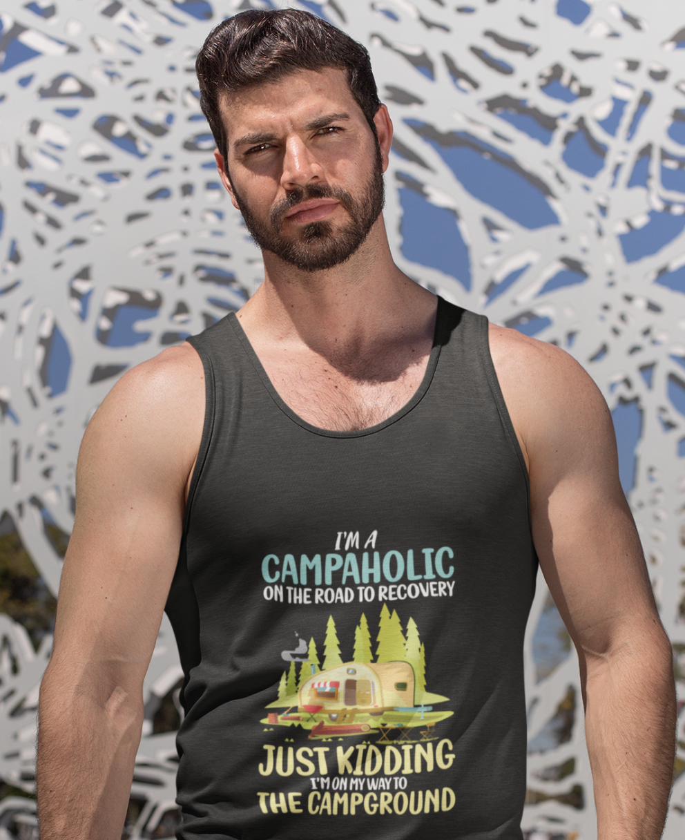 I'm a campaholic,on the road to recovery ; 100% cotton tank top. Removable tag for comfort