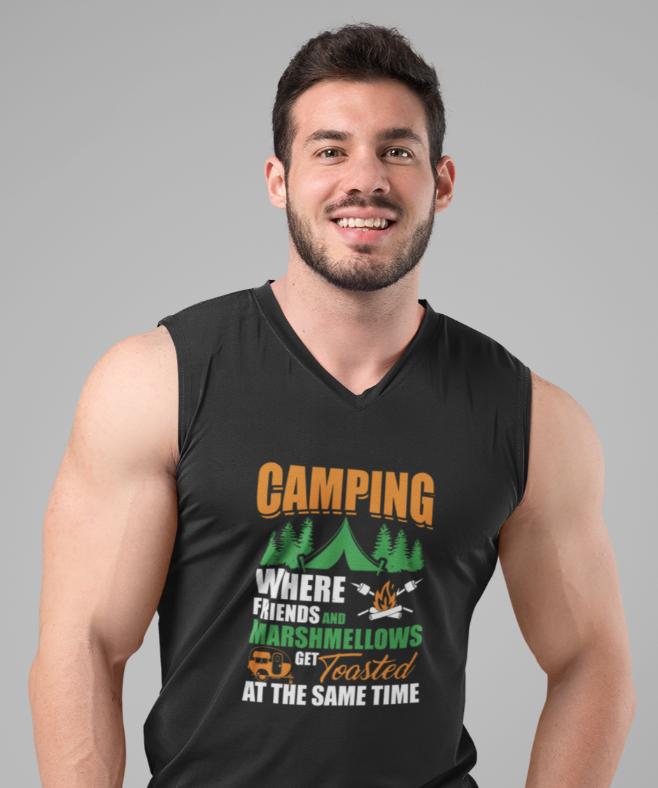 Camping. Get toasted; 100% cotton Seamless double-needle ⅞” neck Double -needle armholes and hem