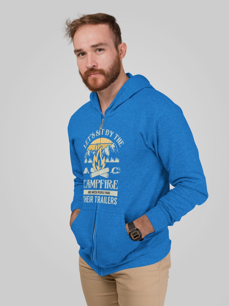 Sit by fire and watch park campers; Full-zip hoodie sweatshirt
